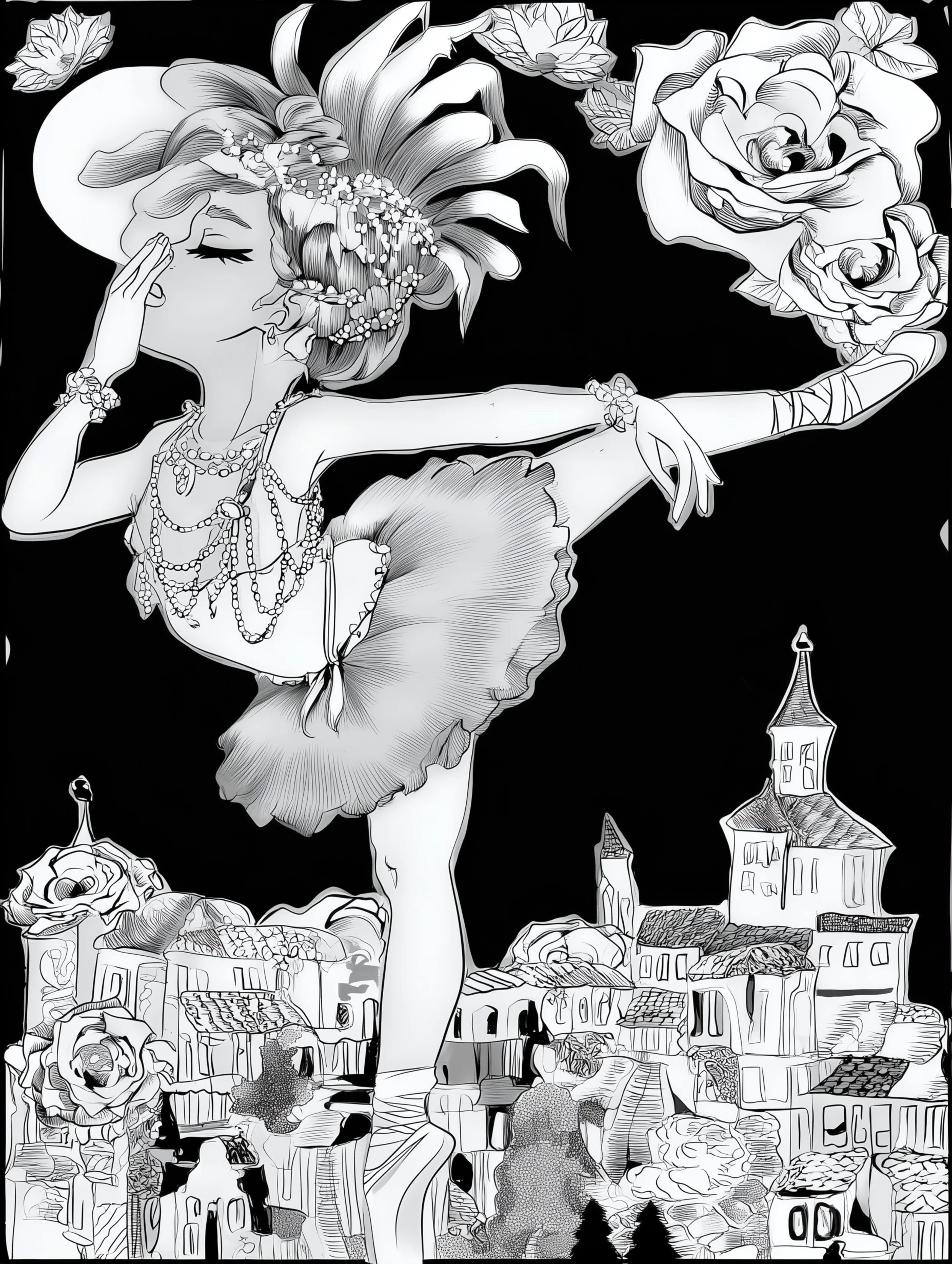 Free ballerina coloring page for adults featuring tip toe ballerina in town